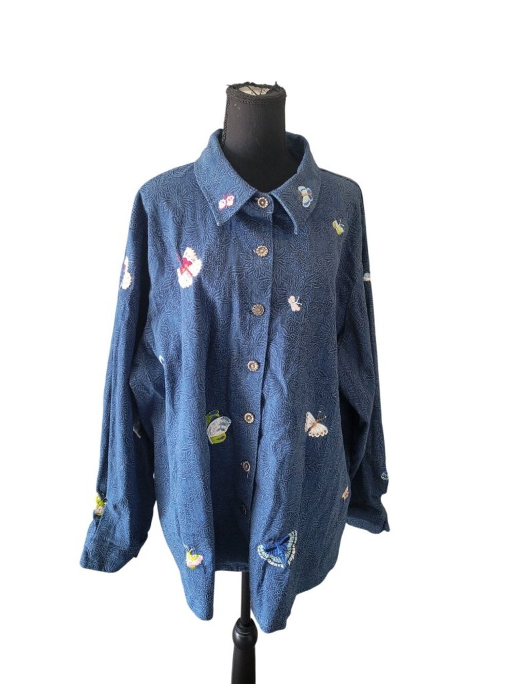 Susan Graver Western Blue Butterfly Embroidered Denim Long Sleeve Top Size 3X - Picture 2 of 12